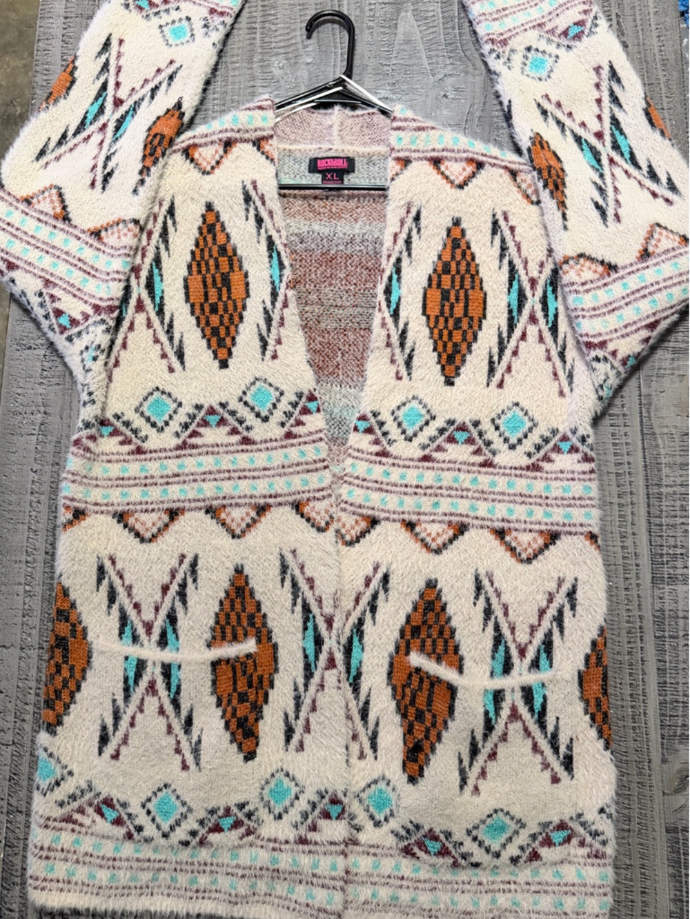 Cozy Aztec Open-Front Cardigan Sweater - Cream/Turquoise/Brown